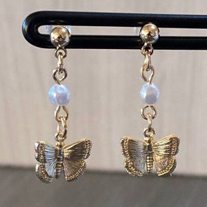 Gold-Plated Butterfly Earrings with Faux Pearl